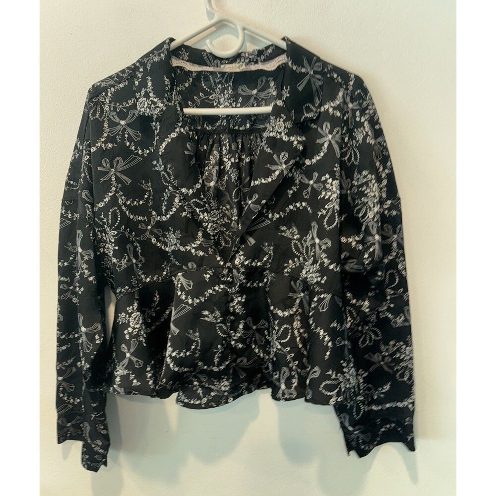 Intimately Free People Beauty sleep Black Floral Bow Print Pajama Top Large - Picture 3 of 10